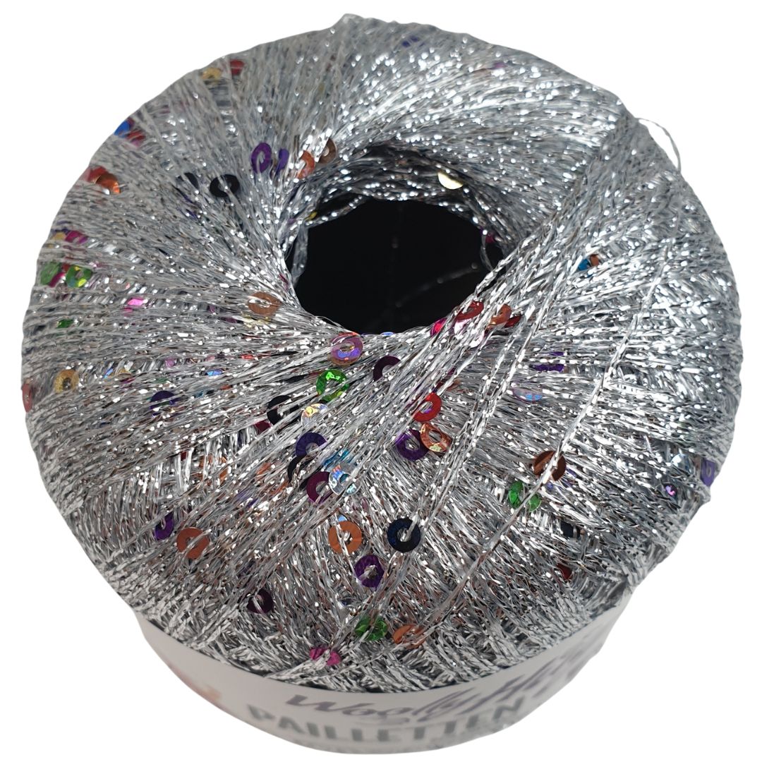 Woolly Hug - Paillettengarn - 302 Silber / bunte Pailletten - 435m