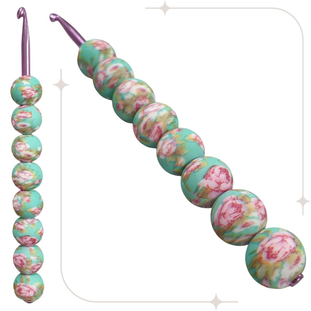 ergonomische Wollhäkelnadel mit Silikonperlen - türkis / Rosen