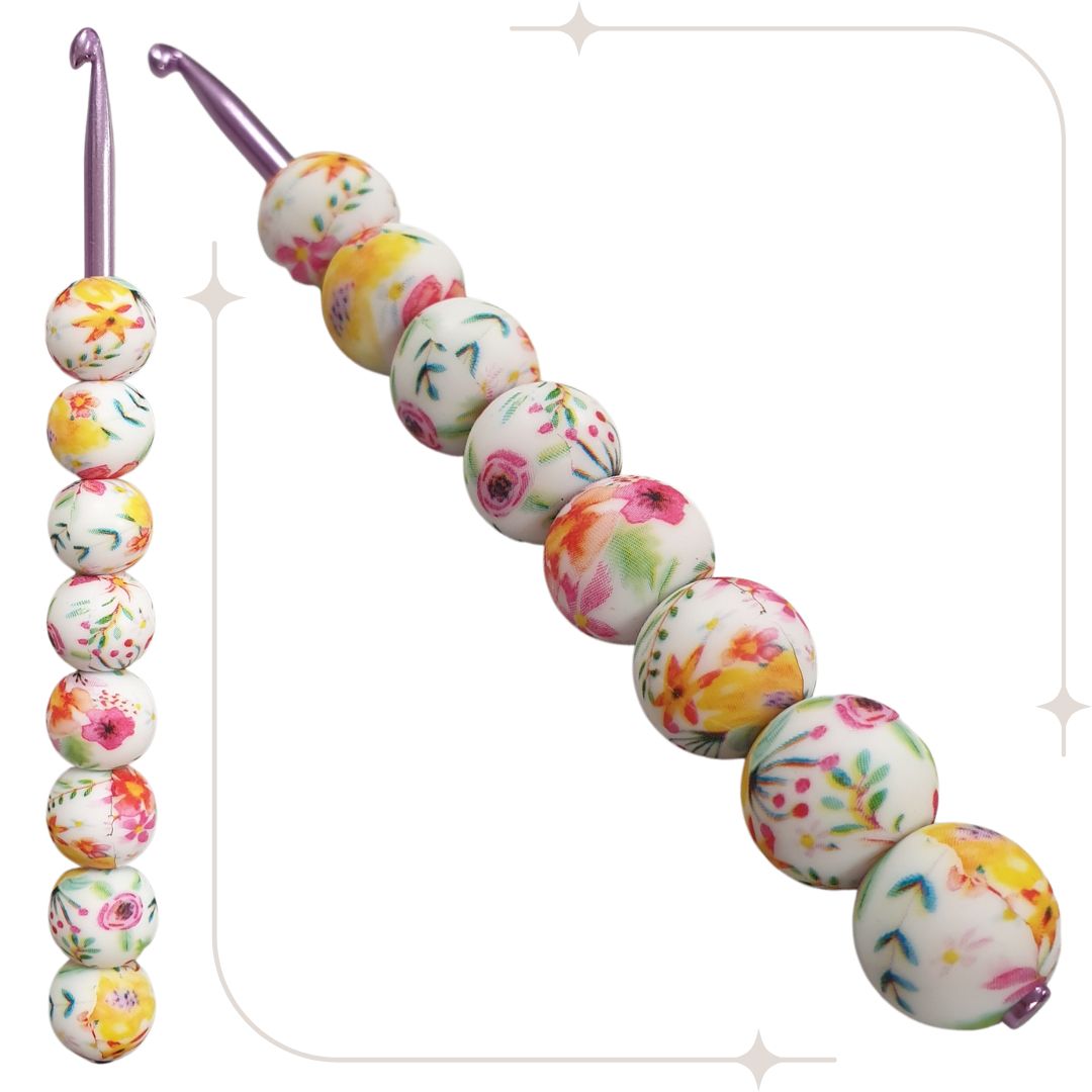 ergonomische Wollhäkelnadel mit Silikonperlen - weiß-gelb / Blumen