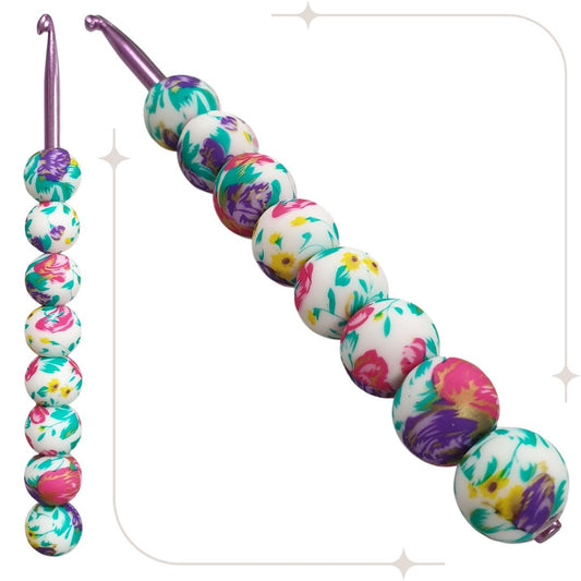 ergonomische Wollhäkelnadel mit Silikonperlen - weiß-türkis / gelbe-pinke Blumen