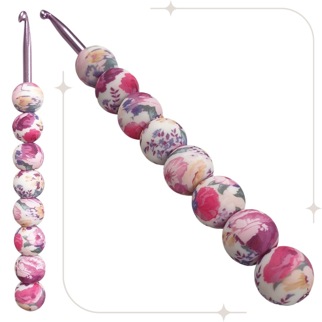 ergonomische Wollhäkelnadel mit Silikonperlen - weiß-rosa / Blumen