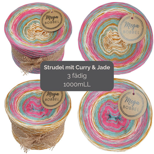 Häkel-Set - MegaBobbel "Strudel mit Curry & Jade" (B407) 3fädig-1000m + Video-Anleitung